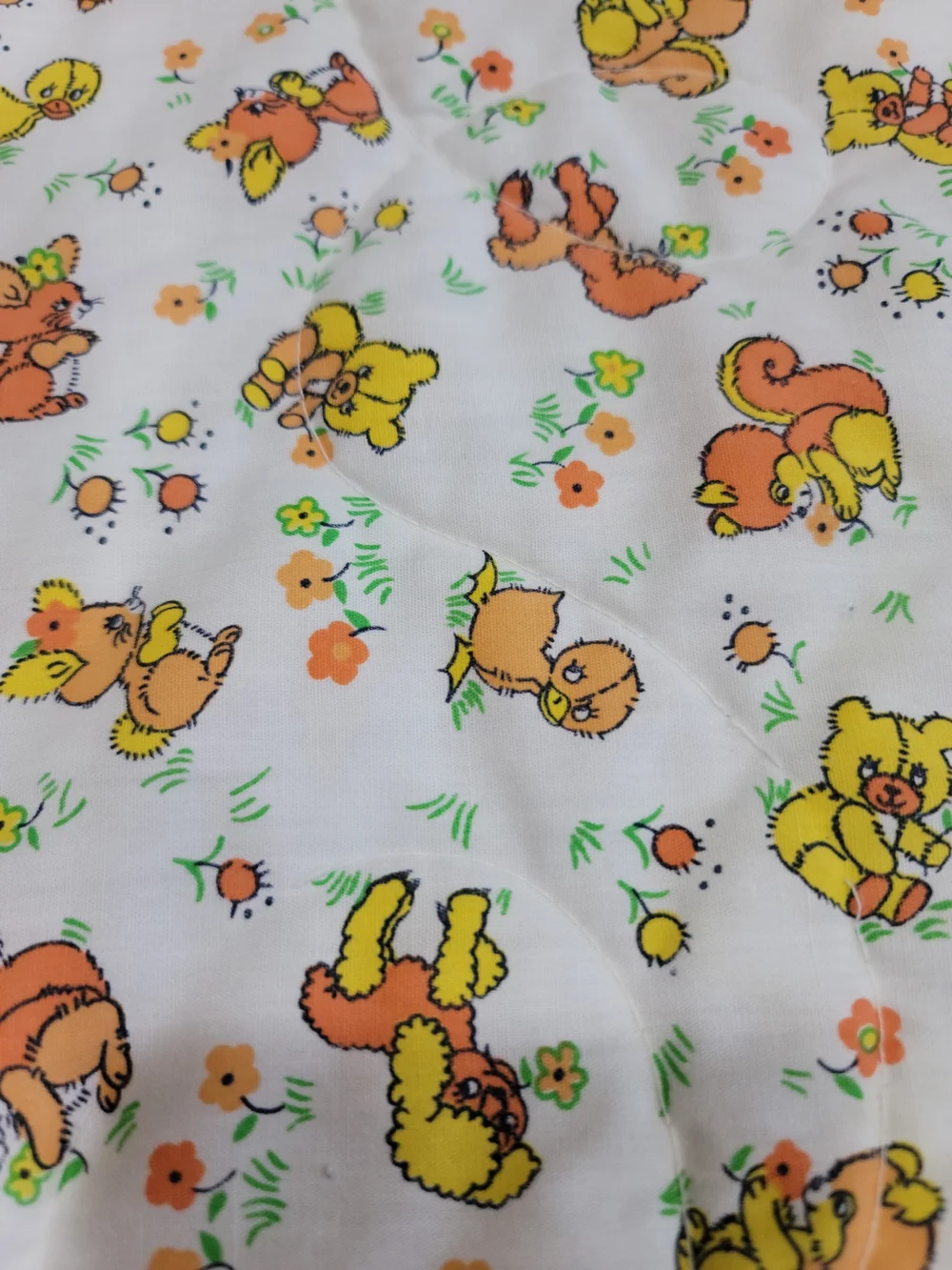 Vintage 70s Quilted Baby Blanket Comforter Retro Bear Squirrel Duck Cottagecore